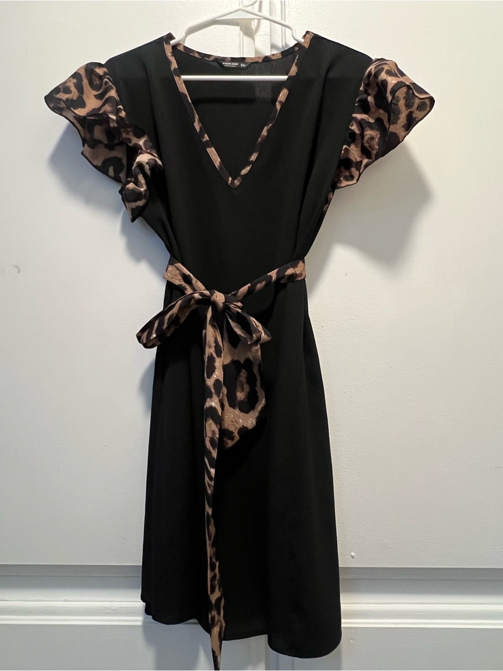 SHEIN Black Midi Dress with Leopard Trim